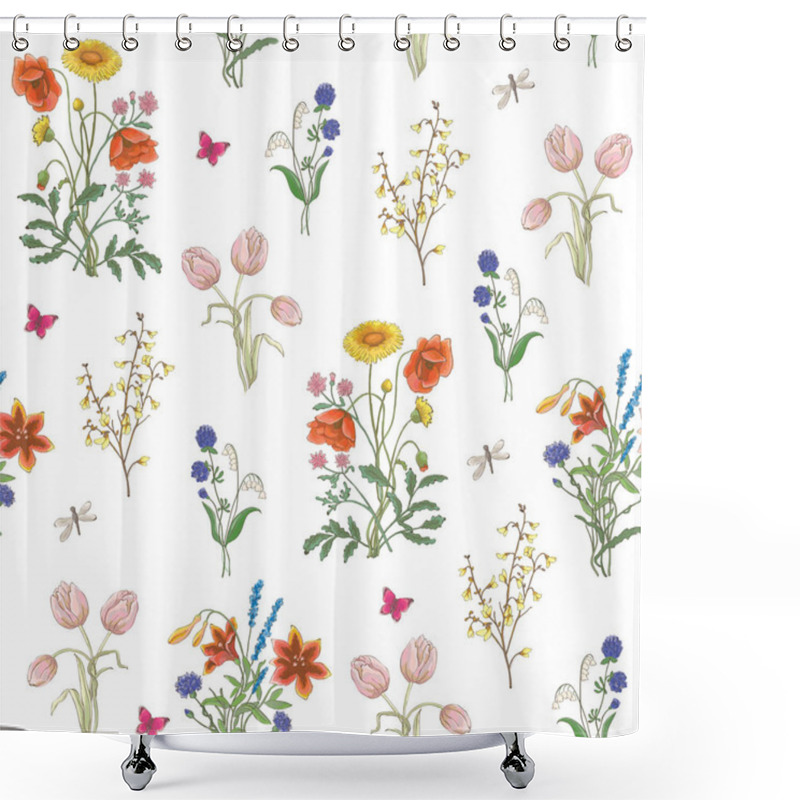 Personality  Tulip, Dandelion, Cornflower, Delicate Flower, Vector Pattern. Wildflowers, Poppy, Chamomile, Background  Shower Curtains