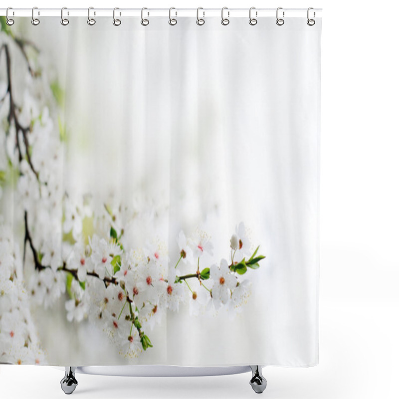 Personality  White Spring Flowers On A Tree Branch Over Grey Background Close Shower Curtains