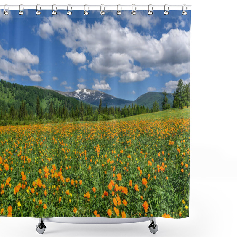 Personality  Amazing Mountain Landscape With Bright Orange Flowers Trollius Asiaticus On A Green Meadow With Emerald Grass Against A Backdrop Of Mountains, Forest And Blue Sky With Clouds Shower Curtains