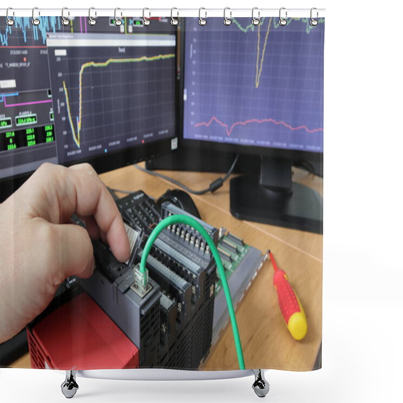 Personality  Close-up Of A Hand Restarting A PLC. Cable Connection Detail. Testing And Programming Of An Industrial Control System. Programmable Logic Controller. Shower Curtains