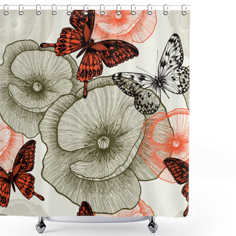 Personality  Seamless Floral Pattern With Poppies And Butterflies. Vector Ill Shower Curtains