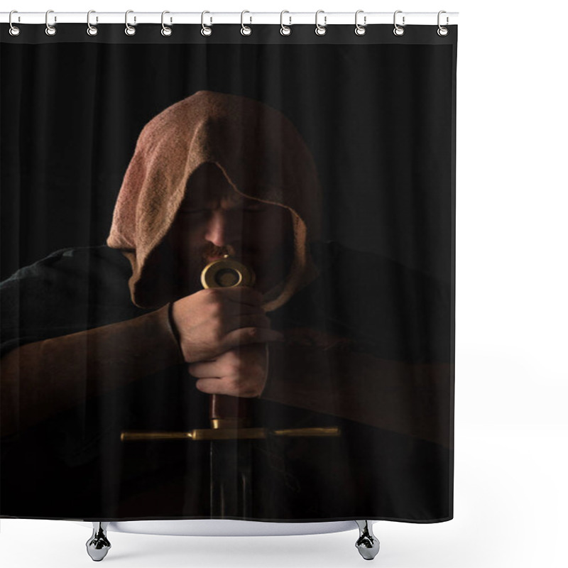 Personality  Medieval Scottish Man In Mantel With Sword  In Dark Isolated On Black Shower Curtains