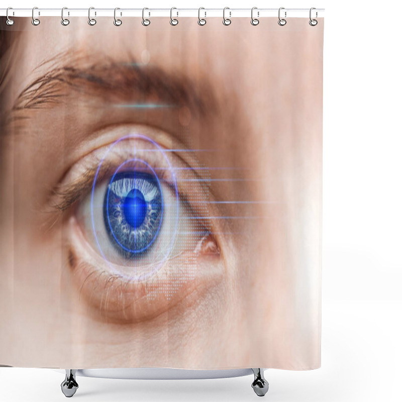 Personality  Close Up View Of Woman Grey Eye With Data Illustration, Robotic Concept Shower Curtains