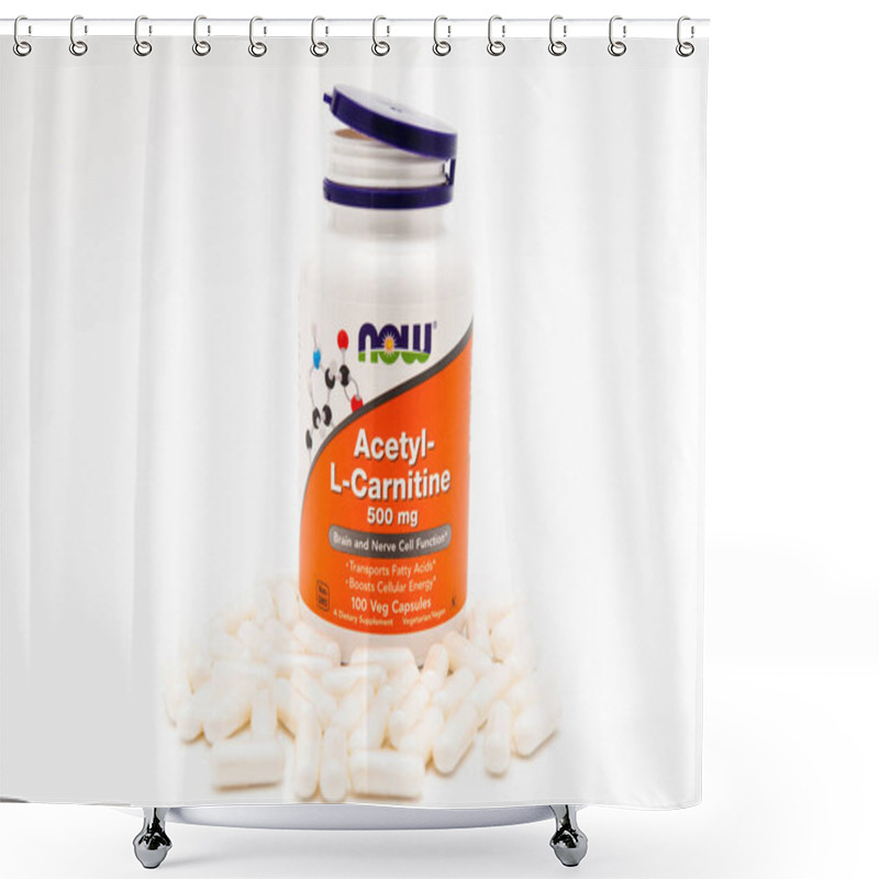 Personality  Fuji City, Shizuoka-Ken, Japan - November 7, 2020: Now Foods, Acetyl-L-Carnitine, 500 Mg, 100 Veg Capsules And Several Scattered In Front Of The Bottle. Isolated On White Background. Horizontal Shot. Shower Curtains