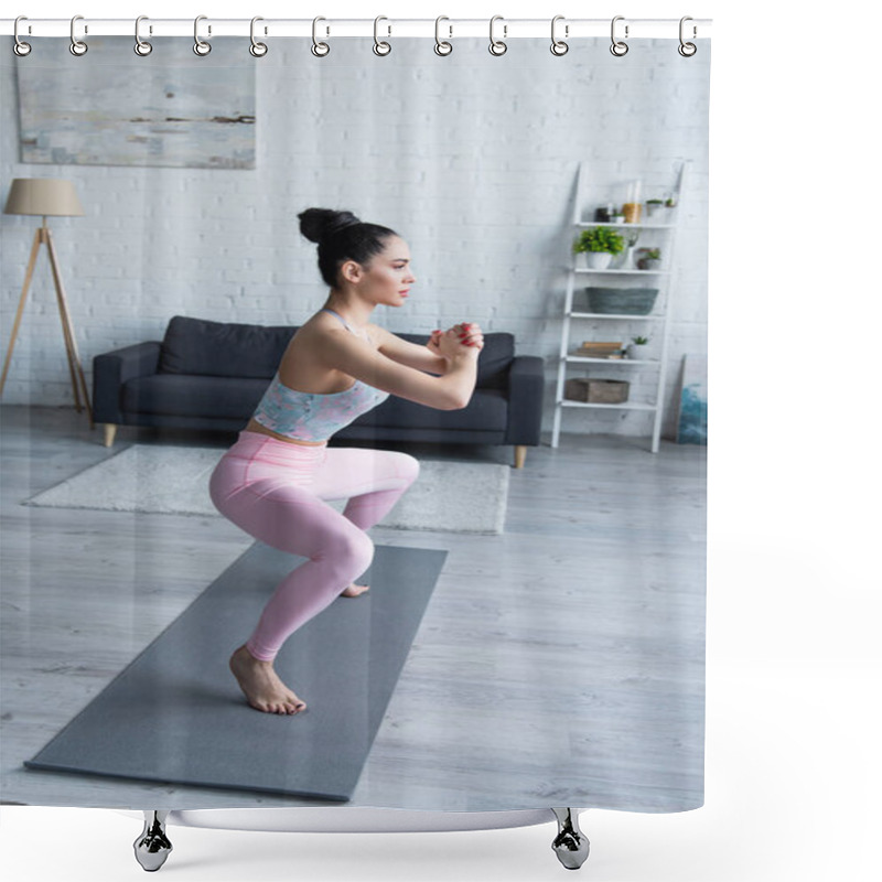 Personality  Pretty Woman Standing In Chair Pose With Clenched Hands While Practicing Yoga At Home Shower Curtains