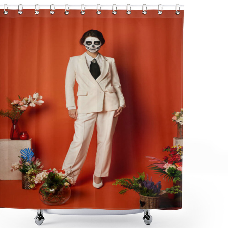 Personality  Woman In Skull Makeup And White Suit Near Traditional Dia De Los Muertos Ofrenda With Flowers On Red Shower Curtains