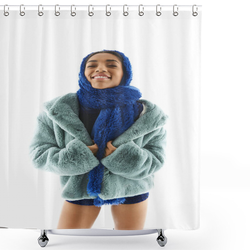 Personality  Young Beautiful Woman Showcases Chic Winter Style With Vibrant Blue Accessories In A Stylish Pose. Shower Curtains