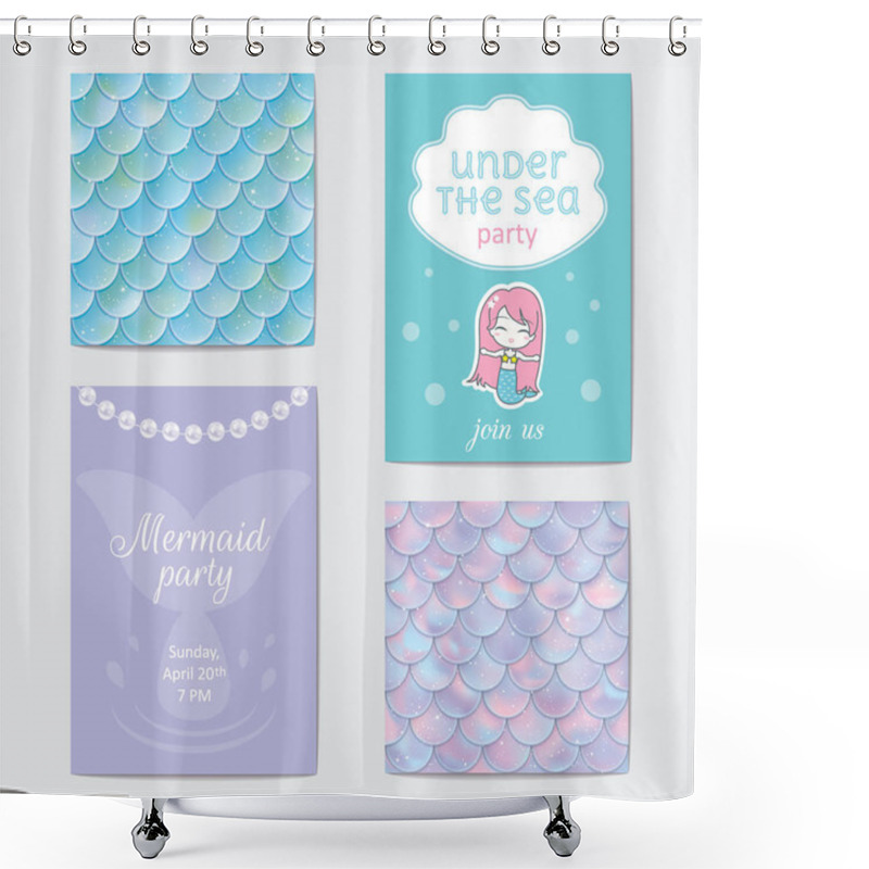 Personality  Party Invitation. Holographic Fish Or Mermaid Scales, Pearls And Frame. Vector Illustration Shower Curtains