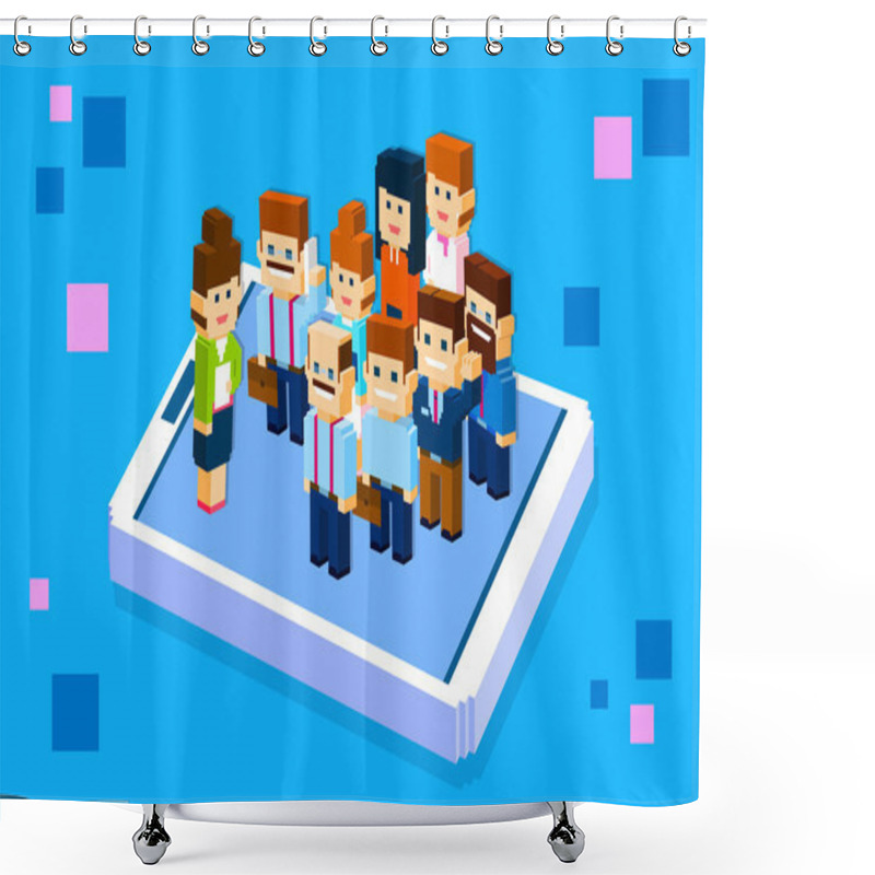 Personality  Business People Stand On Big Cell Smart Phone Social Network Communication Group 3d Isometric Shower Curtains