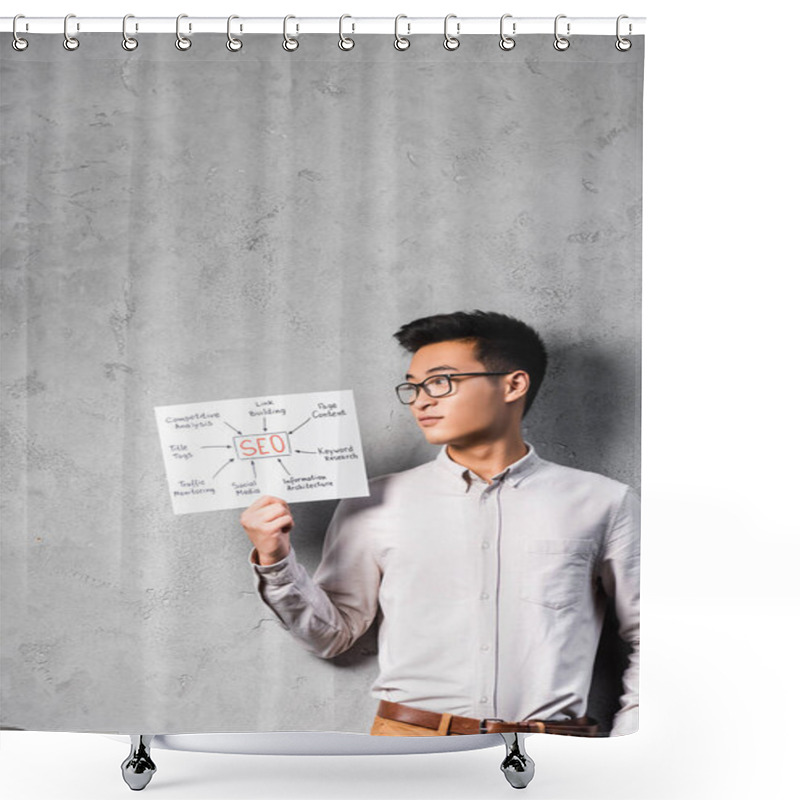 Personality  Asian Seo Manager Holding And Looking At Paper With Concept Words Of Seo  Shower Curtains