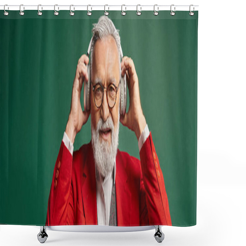 Personality  Stylish Santa Claus With Beard And Glasses Wearing Headphones Looking At Camera, Winter, Banner Shower Curtains