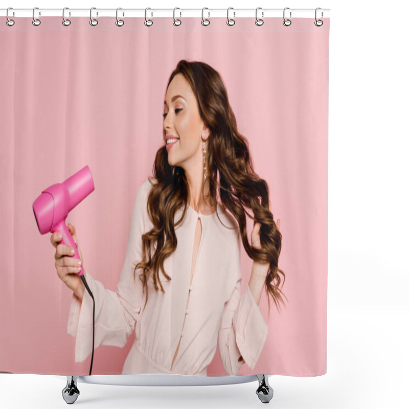 Personality  Cheerful Young Woman Using Hair Dryer Isolated On Pink  Shower Curtains