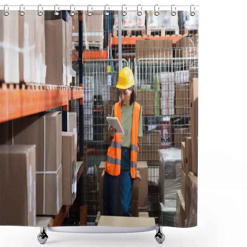 Personality  Female Warehouse Worker In Safety Vest And Hard Hat Holding Digital Tablet Near Cargo Boxes Shower Curtains