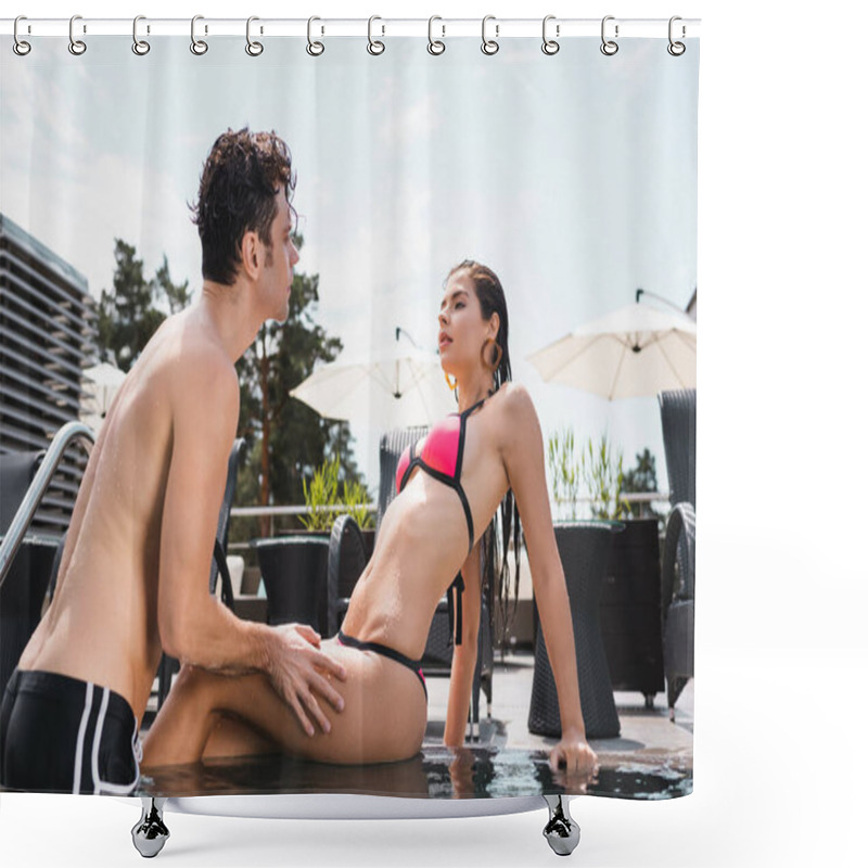 Personality  Shirtless Man Touching Wet Woman In Swimwear Sitting Near Pool Shower Curtains