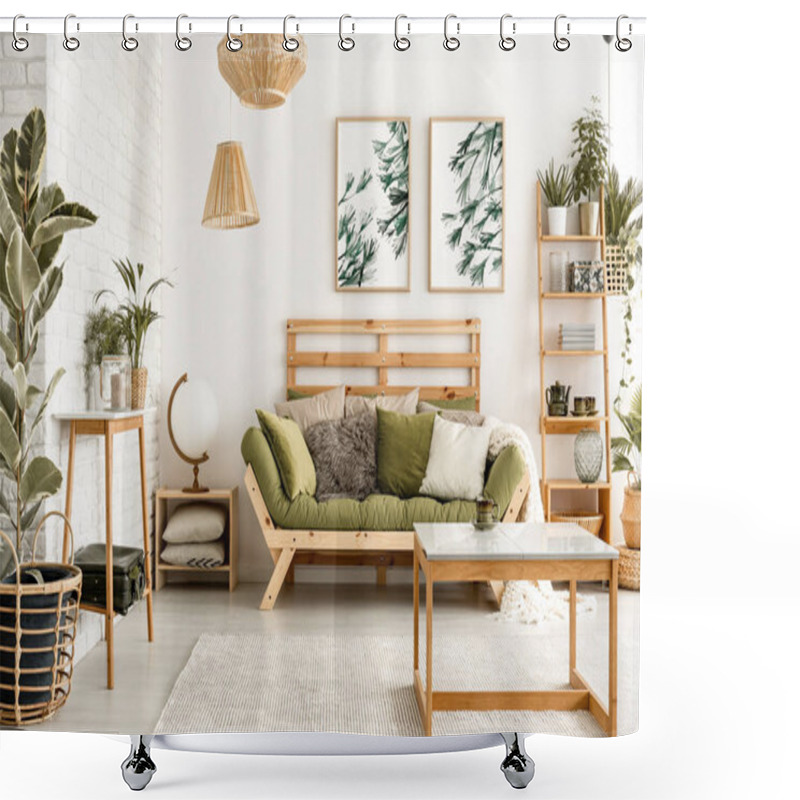 Personality  Wooden Table On Carpet In Front Of Green Couch In Living Room Interior With Plants And Posters. Real Photo Shower Curtains