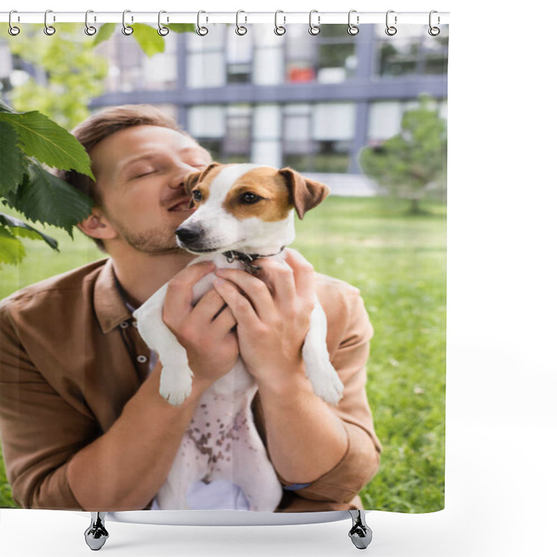 Personality  Young Man With Closed Eyes Holding White Jack Russell Terrier Dog With Brown Spots On Head Shower Curtains