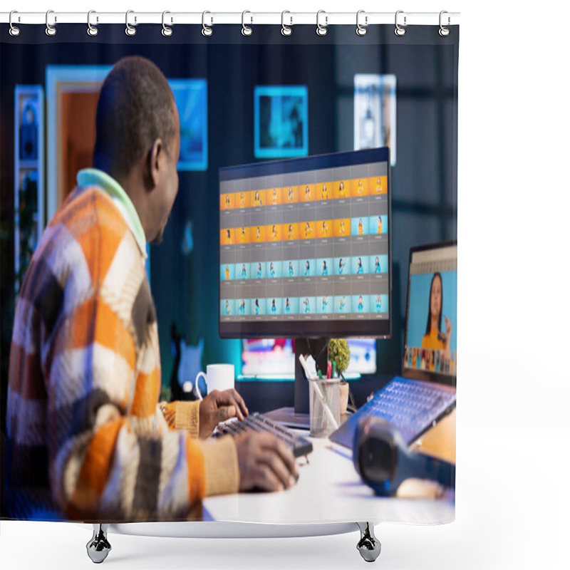 Personality  Professional Man In Creative Setup At Home Using Digital Tools For Graphic Design And Photo Retouching, Illustrating The Modern Tech Driven Design Industry. Advanced Tech Industry. Shower Curtains