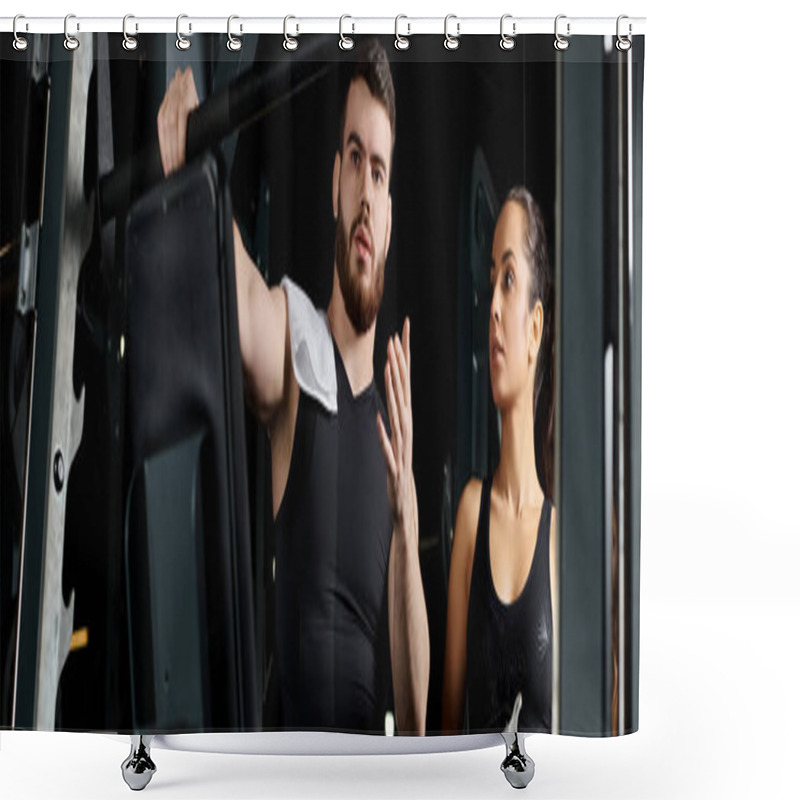 Personality  A Personal Trainer Assists A Brunette Sportswoman In Front Of A Gym Machine. Shower Curtains