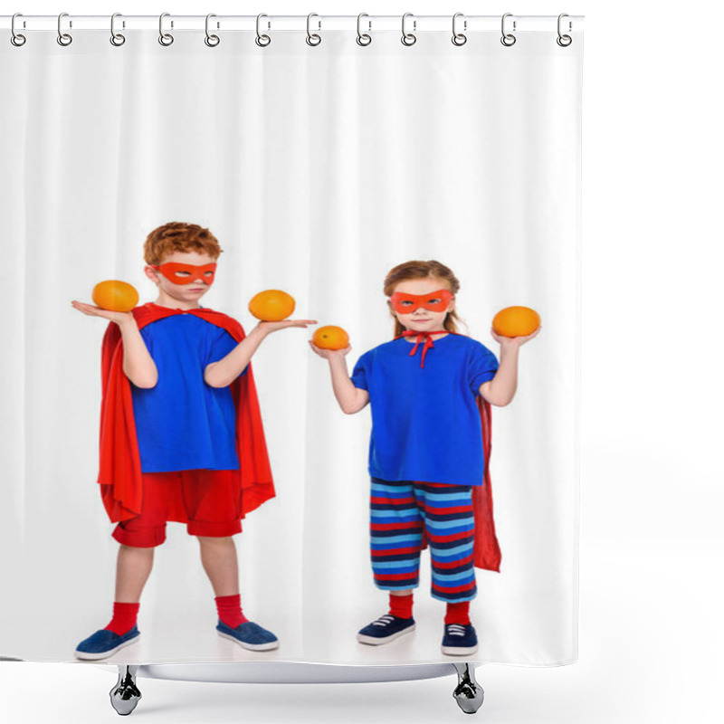 Personality  Adorable Little Kids In Superhero Costumes Holding Oranges Isolated On White Shower Curtains