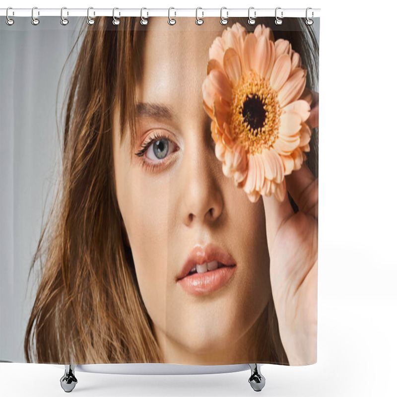 Personality  Closeup Beauty Shot Of Pretty Woman With Peach Makeup And Gerbera Daisy Near Eye On Grey Background Shower Curtains