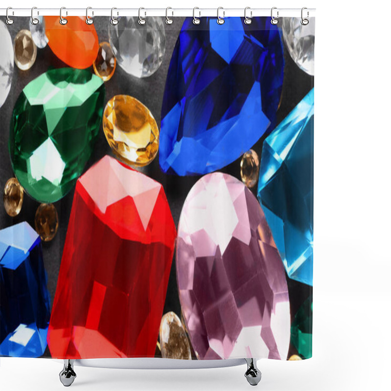 Personality  Different Beautiful Gemstones For Jewelry On Grey Background, Flat Lay Shower Curtains