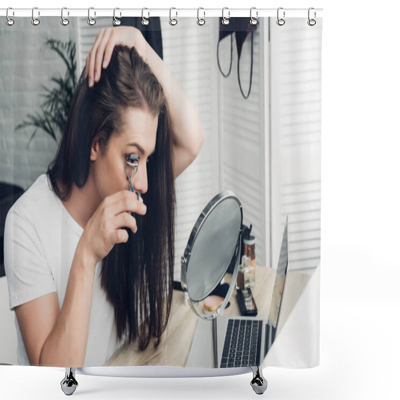 Personality  Young Transgender Woman Doing Makeup With Lash Curler At Home Shower Curtains