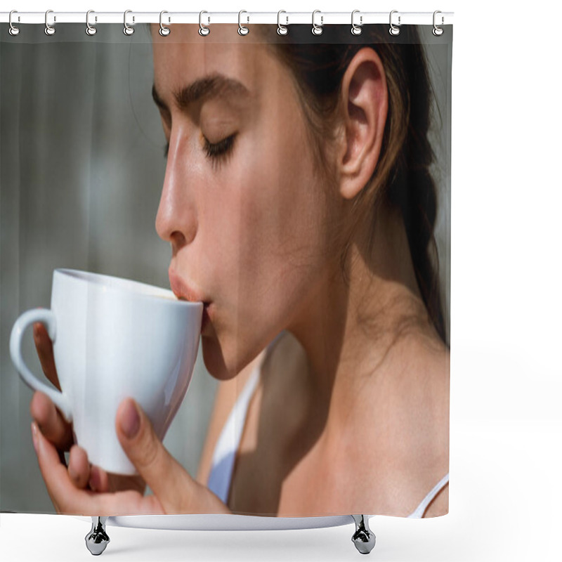 Personality  Woman Drink Coffee From Cup. Perfect Morning With Best Coffee. Girl Relax In Cafe And Drink. Americano Or Espresso Latte Of Girl. Starting Day With Good News. Relaxing At Home. Her Perfect Breakfast Shower Curtains