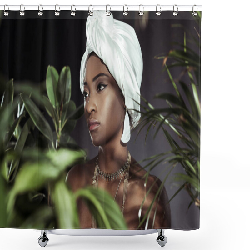 Personality  Attractive African American Woman In Stylish Wire Head Wrap Behind Leaves Shower Curtains