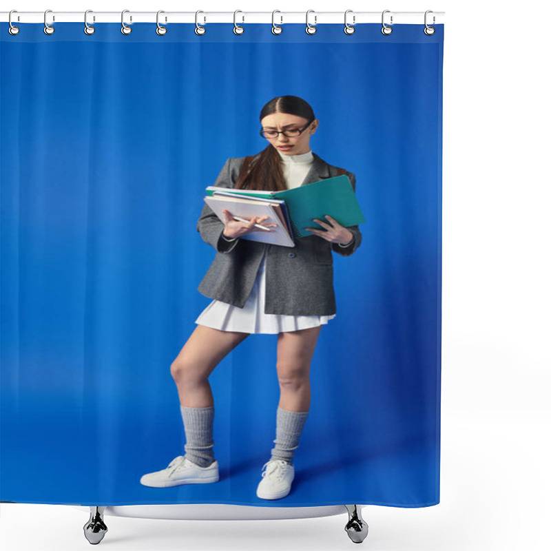 Personality  Beautiful Young Woman With Glasses Stands Thoughtfully, Holding Various Notebooks And Studying. Shower Curtains