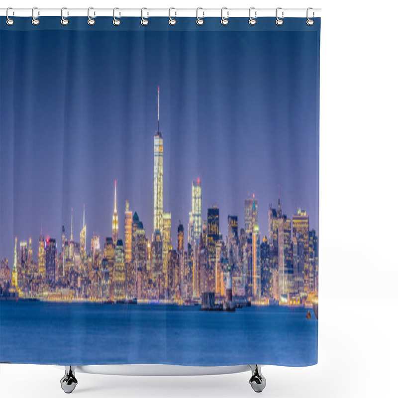 Personality  New York City Manhattan Downtown Skyline At Dusk With Skyscrapers Illuminated Over Hudson River Panorama. Horizontal Composition, Copy Space. Shower Curtains