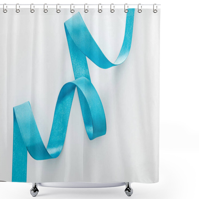 Personality  Top View Of Blue Decorative Curved Ribbon On White Shower Curtains