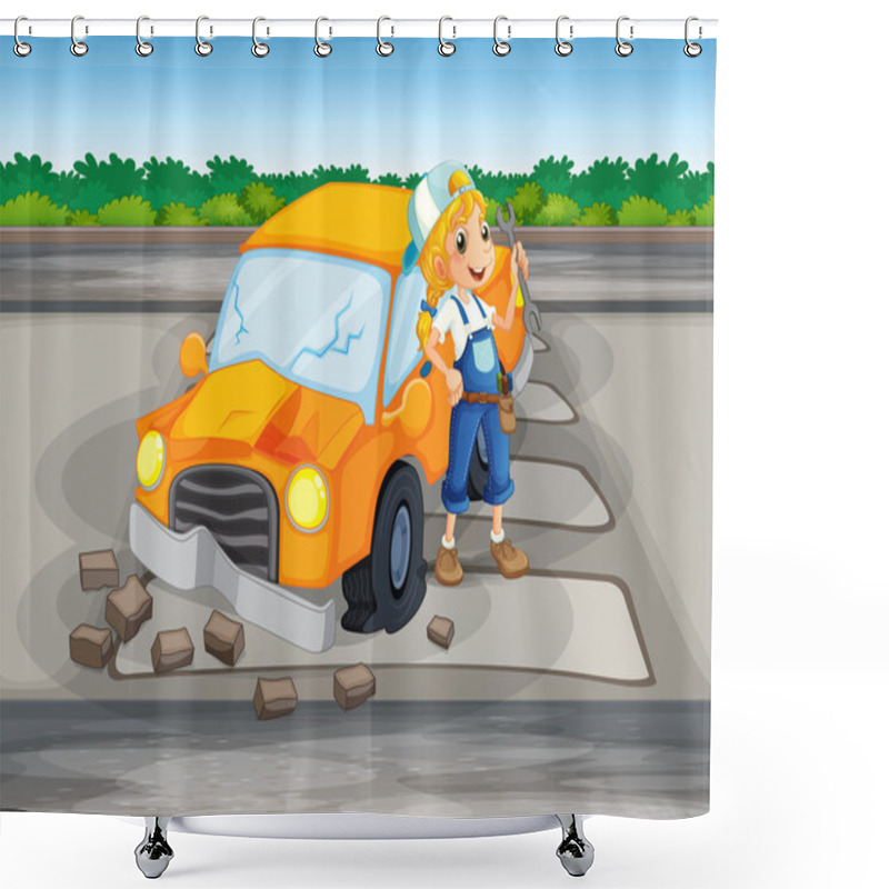 Personality  A Girl Repairing The Damaged Car At The Road Shower Curtains