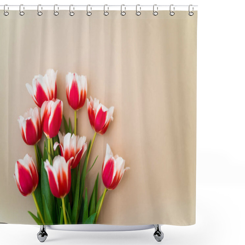 Personality  A Bouquet Of Fresh Tulips Lying On A Beige Background. Mother Day And International Women Day Shower Curtains