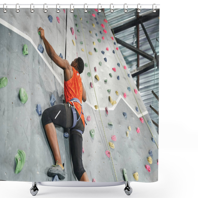 Personality  Muscular African American Man With Alpine Harness And Safety Rope Climbing Up Bouldering Wall Shower Curtains