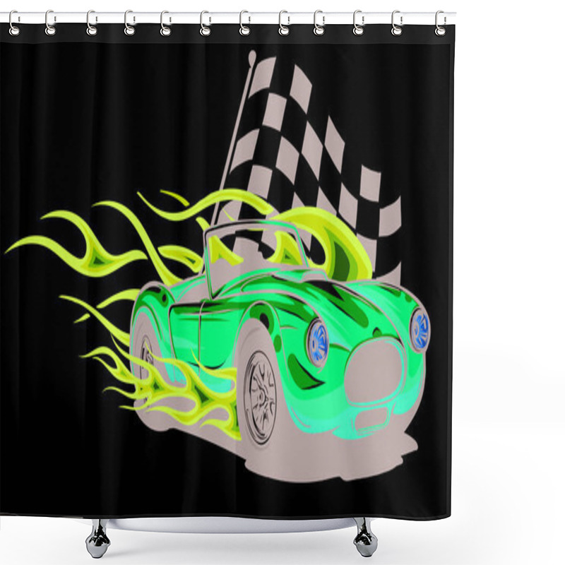 Personality  Vector Illustration Muscle Car With Flames And Race Flag Shower Curtains