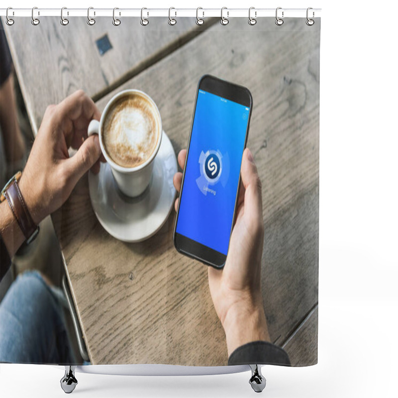 Personality  Cropped Shot Of Man With Cup Of Cappuccino Using Smartphone With Shazam App On Screen Shower Curtains