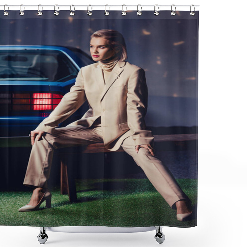 Personality  Attractive And Stylish Woman In Suit Sitting On Wooden Bench Near Retro Car Shower Curtains