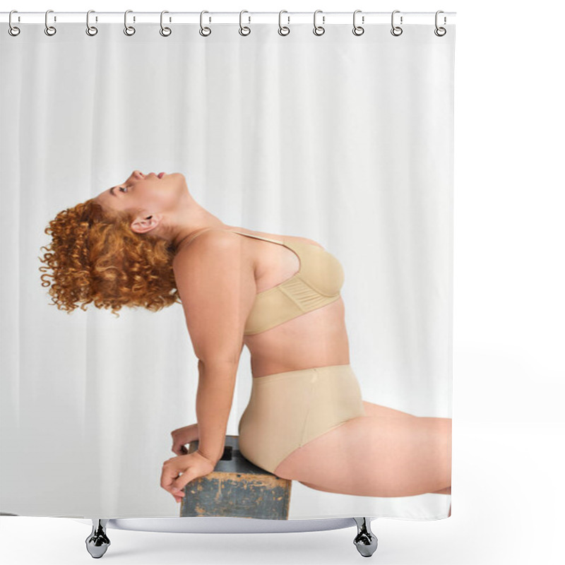 Personality  Side View Of Redhead Plus Size Woman In Underwear Sitting And Posing On Wooden Box On White Shower Curtains