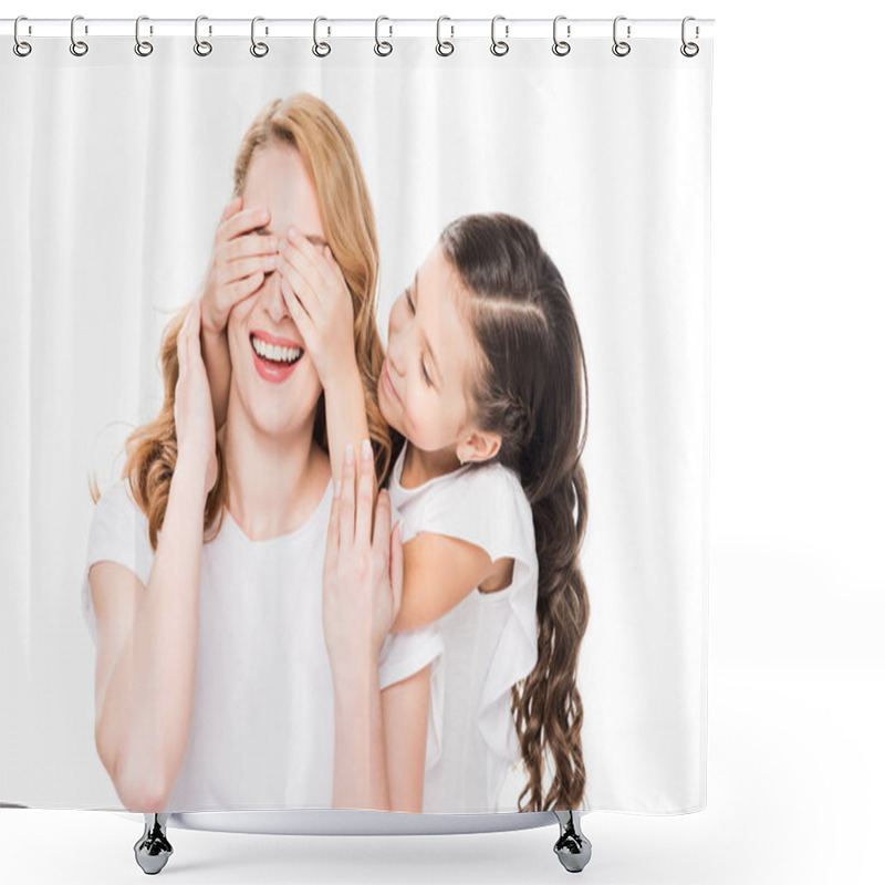 Personality  Portrait Of Child Covering Eyes To Smiling Mother Isolated On White Shower Curtains