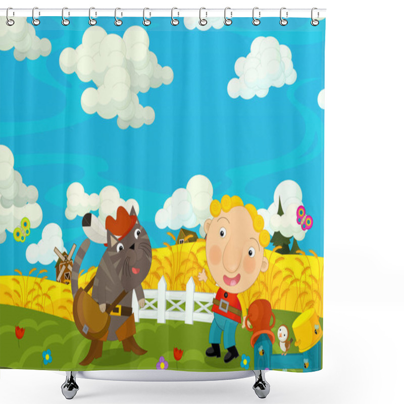 Personality  Cartoon Happy And Funny Scene With Boy And Cat - Friends - Talking Together - Illustration For Children  Shower Curtains