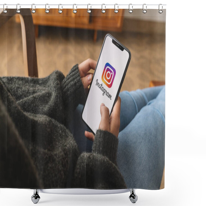 Personality  BERLIN, GERMANY AUGUST 2019: Woman Hand Holding Iphone Xs With Logo Of Instagram Application. Instagram Is Largest And Most Popular Photograph Social Networking. Shower Curtains