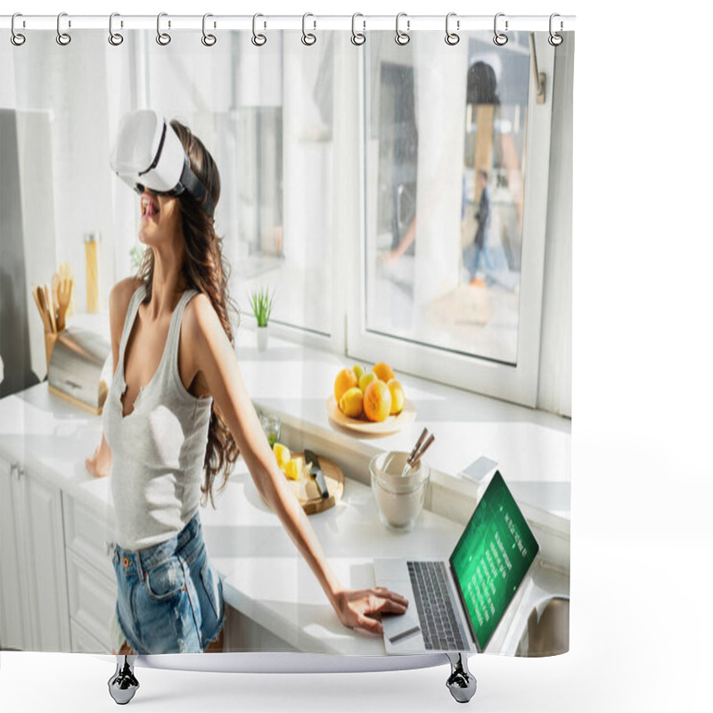 Personality  Woman Using Virtual Reality Headset Near Laptop And Credit Card In Kitchen  Shower Curtains