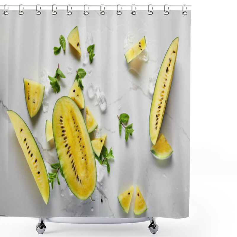 Personality  Top View Of Cut Delicious Exotic Yellow Watermelon With Ice And Mint On Marble Surface Shower Curtains