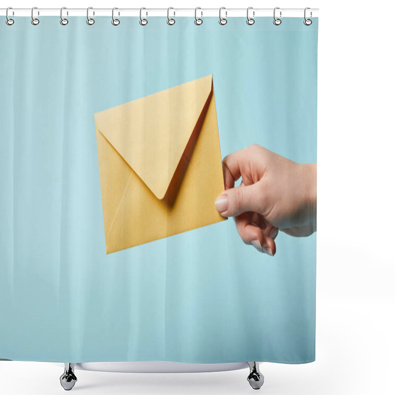 Personality  Cropped View Of Woman Holding Bright And Yellow Envelope On Blue Background  Shower Curtains