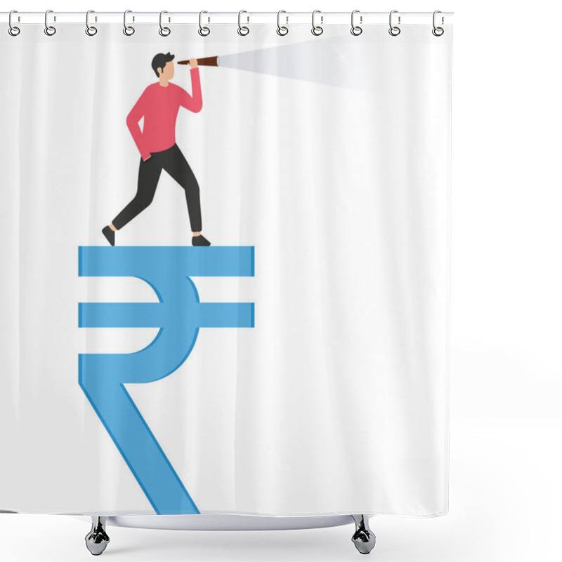 Personality  Smart Confident Businessman Standing On Rupie Money Sign Using Telescope To See Future Prediction, Vision For Global Financial Or Economy, Business Opportunity Or Investment Forecast  Shower Curtains