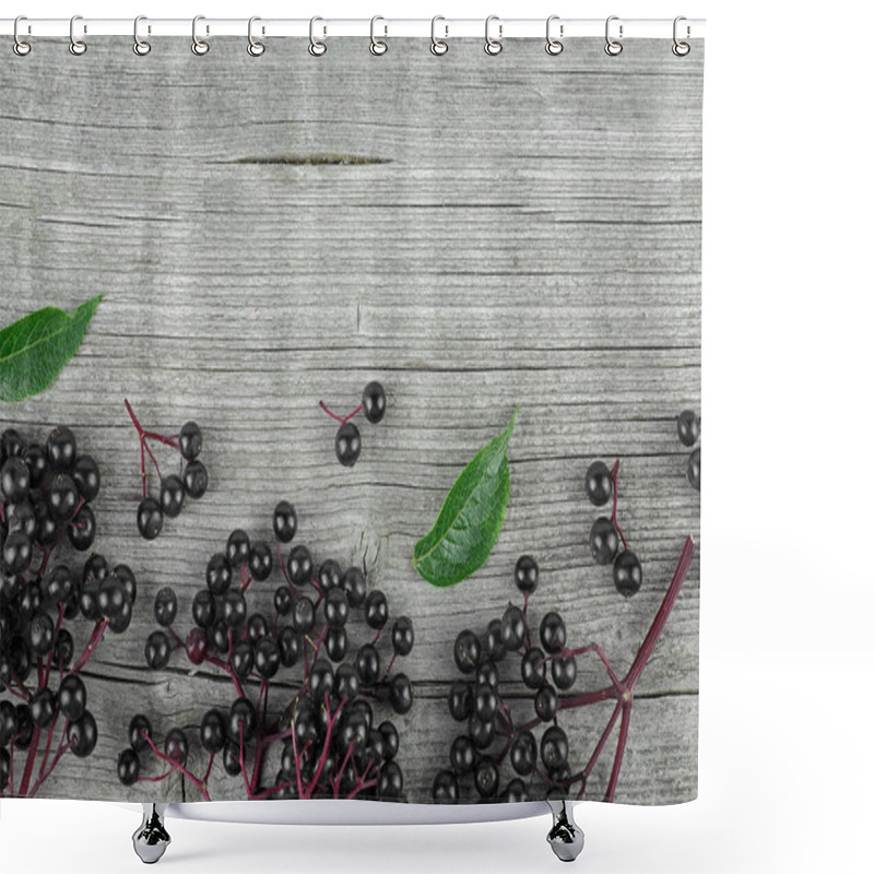 Personality  Fresh Elderberry With Green Leaves On A Wooden Background. Elder Plant Berries. European Black Elderberry. Shower Curtains