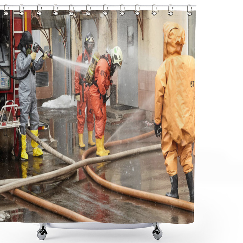 Personality  Rescuers Team Comes Out A Zone Of Infection And Is Exposed To Decontamination Shower Curtains