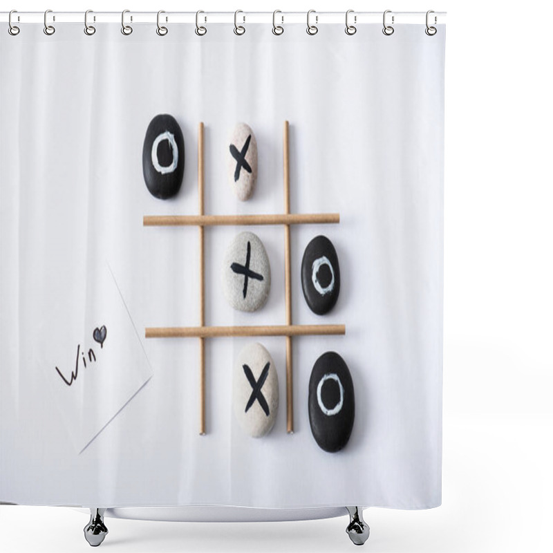 Personality  Top View Of Tic Tac Toe Game With Grid Made Of Paper Tubes, Pebbles Marked With Crosses And Naughts, And Card With Win Inscription On White Surface Shower Curtains