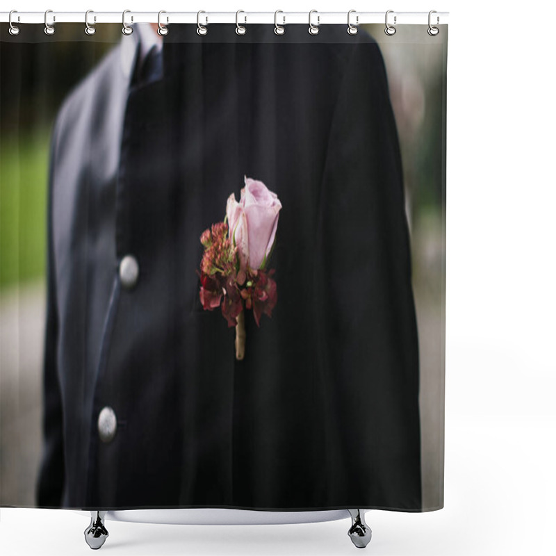 Personality  Close-up Of A Groom's Boutonniere With A Pink Rose On A Dark Suit. Shower Curtains