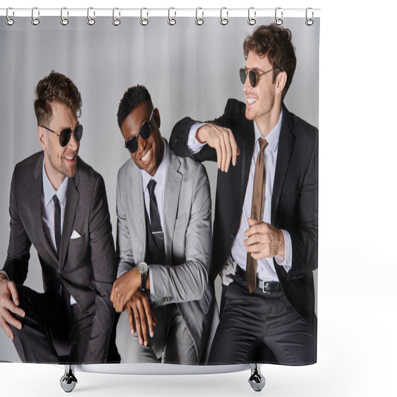 Personality  Jolly Attractive Multicultural Men In Business Smart Suits Sitting On Chairs And Smiling Joyfully Shower Curtains